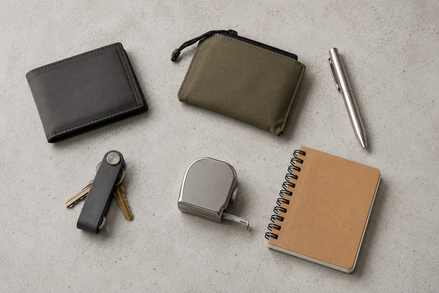Unbranded everyday gear arranged on a light stone surface