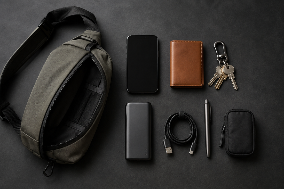 Minimal everyday carry items arranged beside an open sling bag