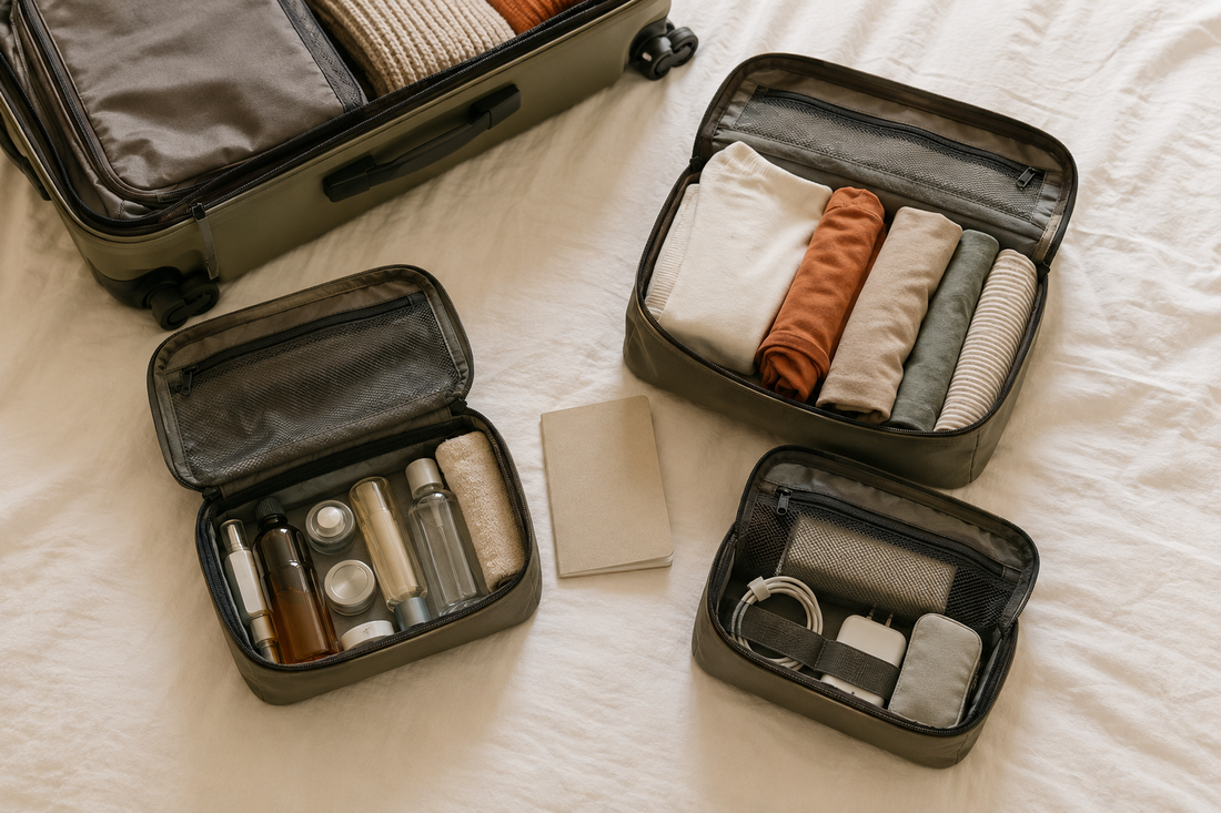 Modular travel organizers arranged beside an open suitcase